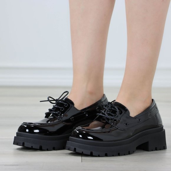 Chunky Penny Loafers Black Lug Sole Slip On Platform Patent Black Lace Up - Picture 4 of 14